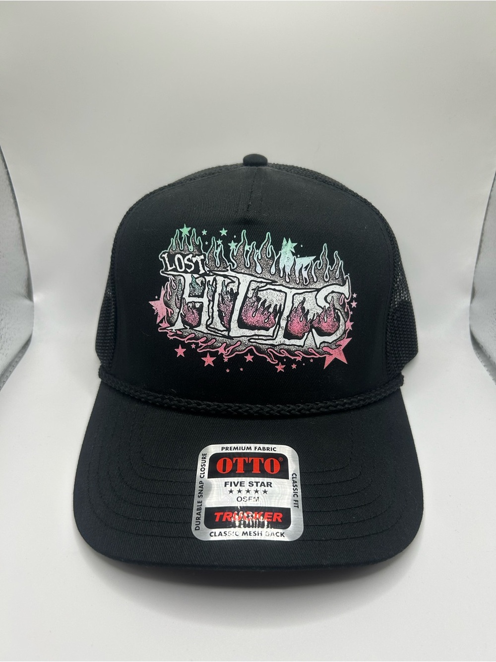 Lost Hills Trucker Hat with Green Pink Flame Graphic